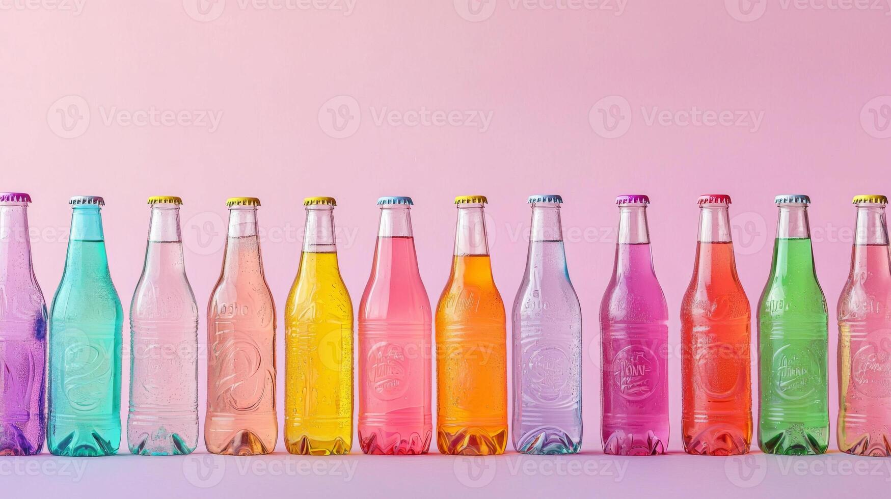 Colorful soda bottles arranged for a party. Vibrant Glass Soda Bottles, assorted soda bottles photo