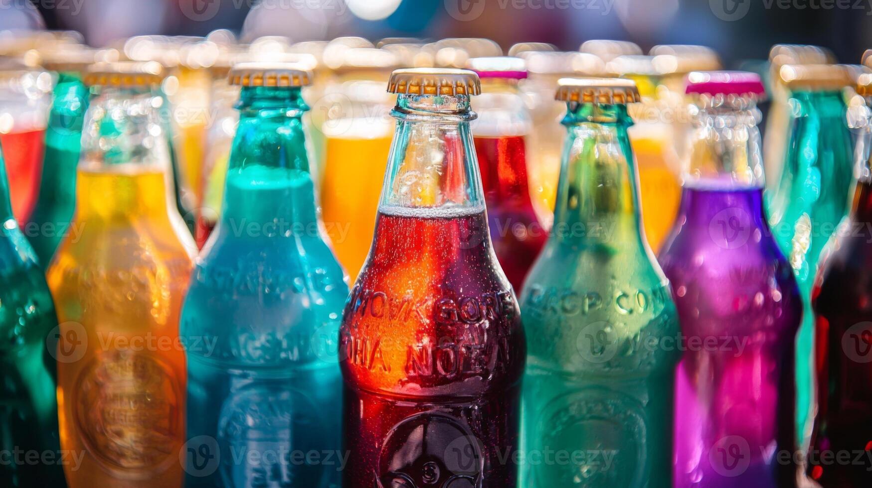 Colorful soda bottles arranged for a party. Vibrant Glass Soda Bottles, assorted soda bottles photo