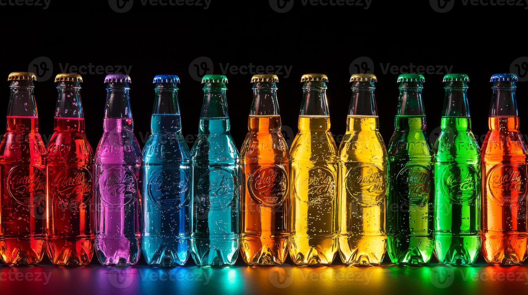 Colorful soda bottles arranged for a party. Vibrant Glass Soda Bottles, assorted soda bottles photo