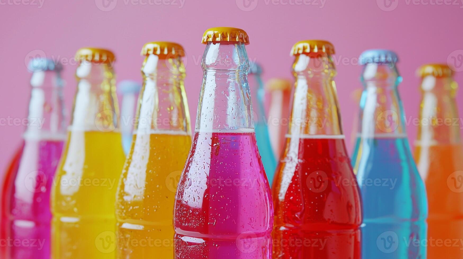 Colorful soda bottles arranged for a party. Vibrant Glass Soda Bottles, assorted soda bottles photo
