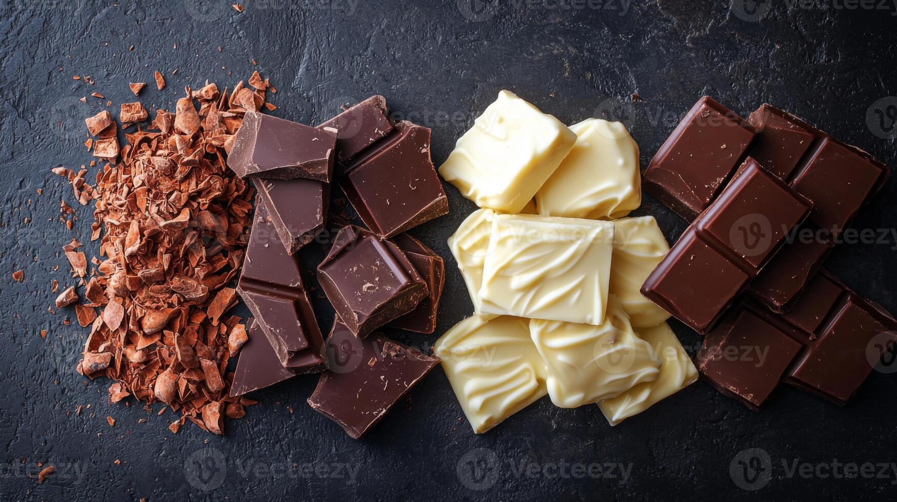 Dark, milk, and white chocolate varieties side by side. Chocolate pieces in diffrent color photo