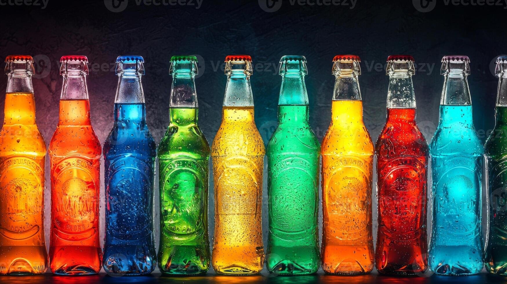 Colorful soda bottles arranged for a party. Vibrant Glass Soda Bottles, assorted soda bottles photo