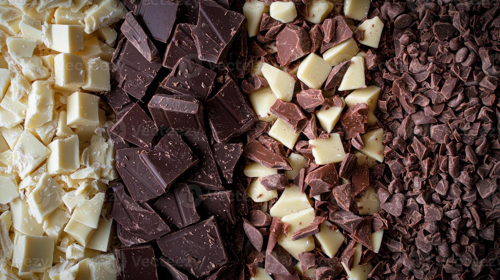 Dark, milk, and white chocolate varieties side by side. Chocolate pieces in diffrent color photo