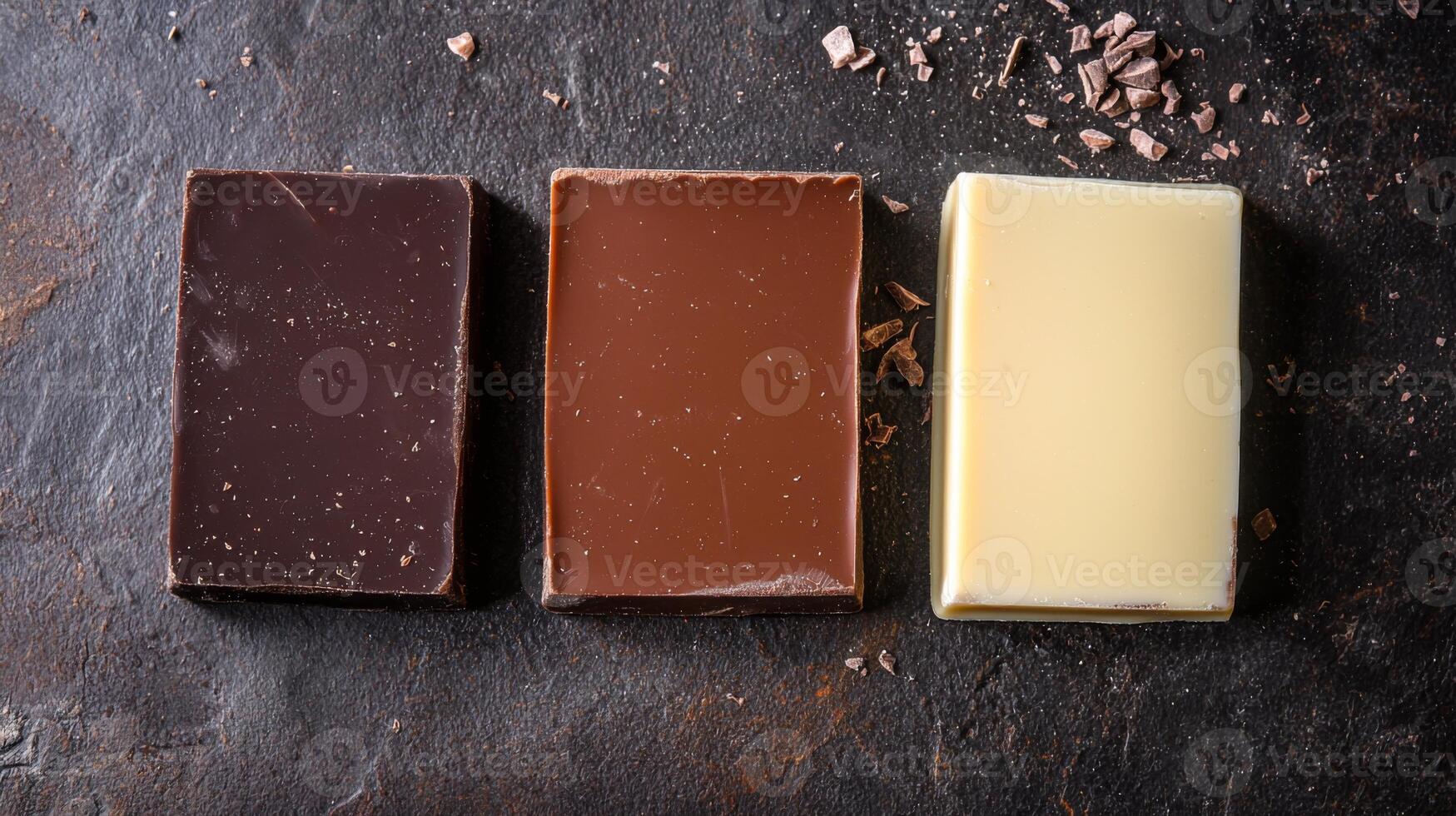 Dark, milk, and white chocolate varieties side by side. Chocolate pieces in diffrent color photo