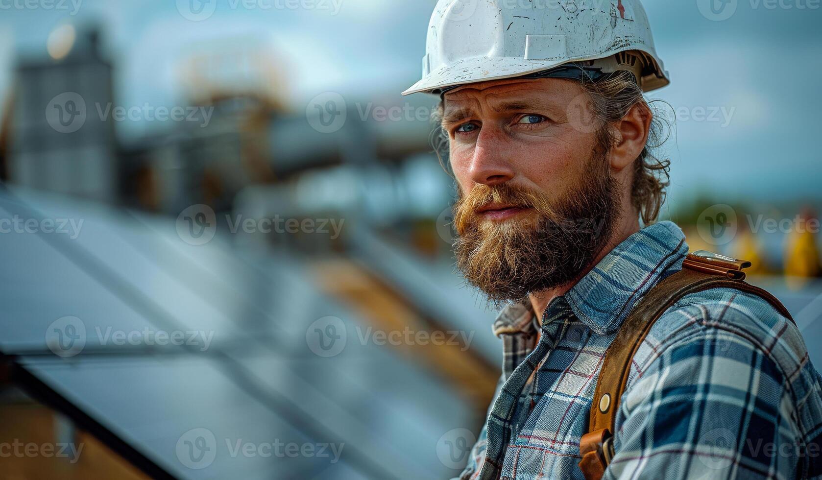 A man with a beard and a hard hat is standing in front of a solar panel. He looks serious and focused photo