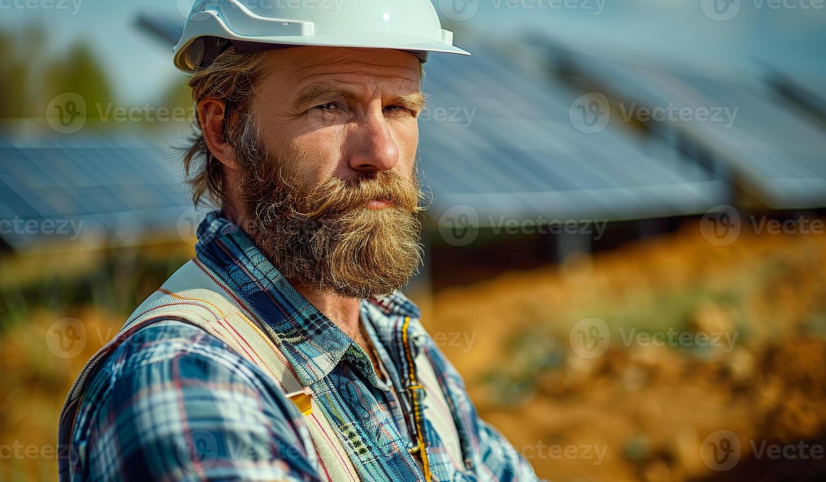 A man with a white helmet and a beard is standing in front of a solar panel. He looks serious and focused photo