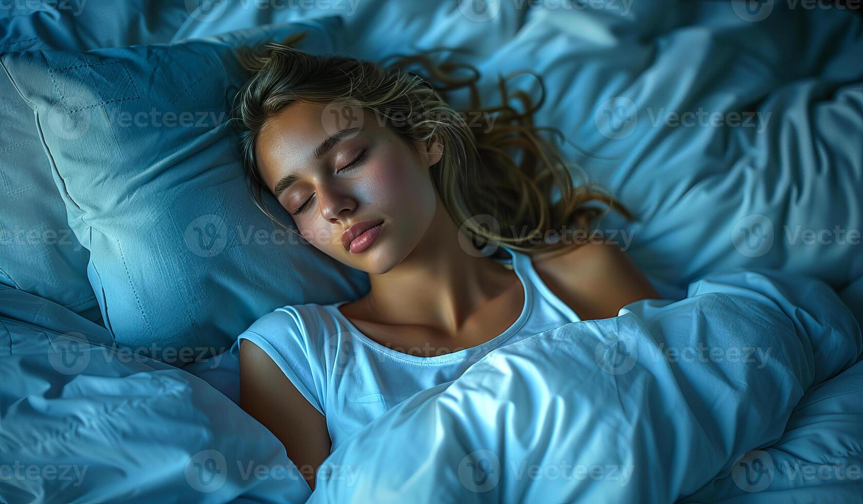 A woman is sleeping in bed with a blue pillow. She is wearing a white shirt and a white blanket photo