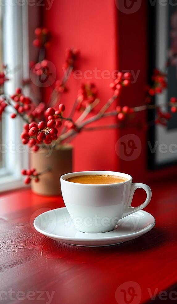 A white coffee cup with a red rim sits on a white saucer on a red table. The cup is filled with coffee and surrounded by red flowers. Concept of warmth and comfort, as the coffee photo