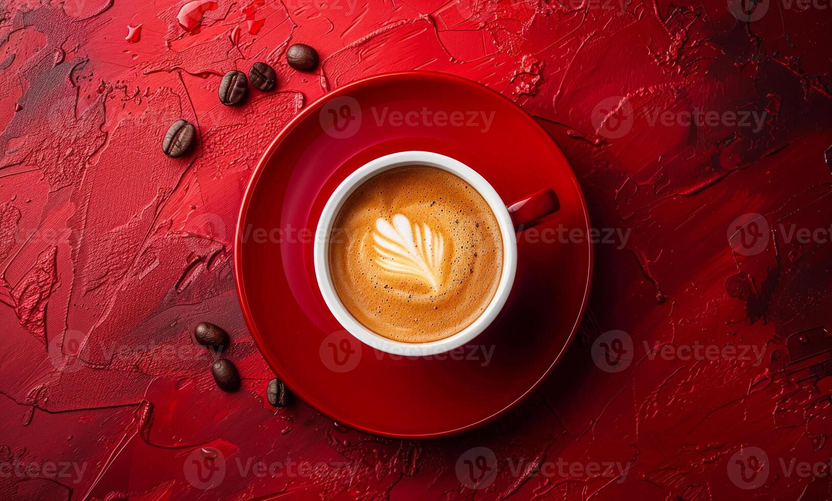 A red coffee cup with a white rim and a white swirl on top of it. The coffee is poured into the cup and there are coffee beans on the table photo