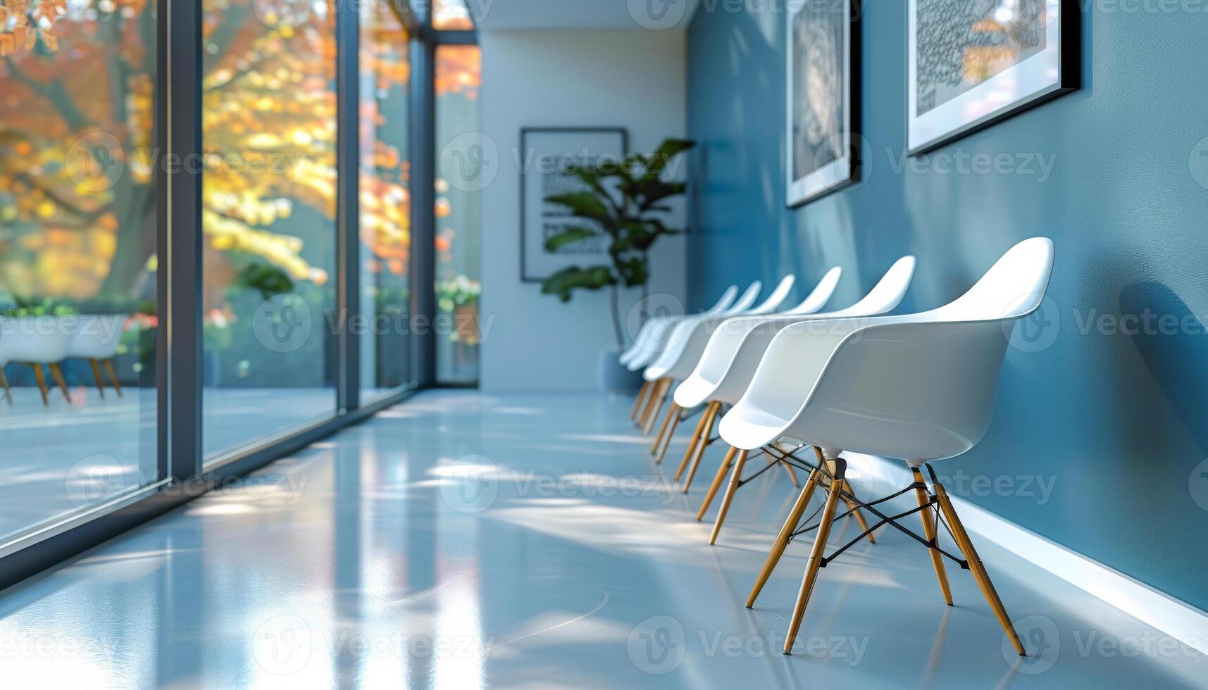 A bright and modern waiting room with white chairs lined up against a light blue wall. The room is filled with natural light streaming through large windows, creating a clean and airy atmosphere. photo