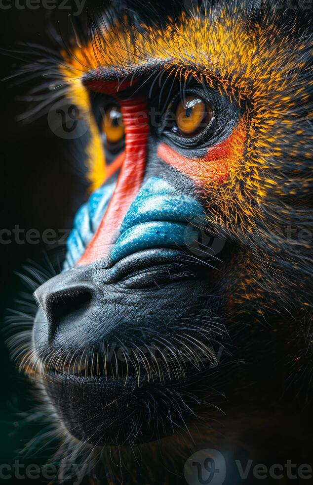 A close up of a monkey's face with a red, blue and yellow stripe on its face. photo