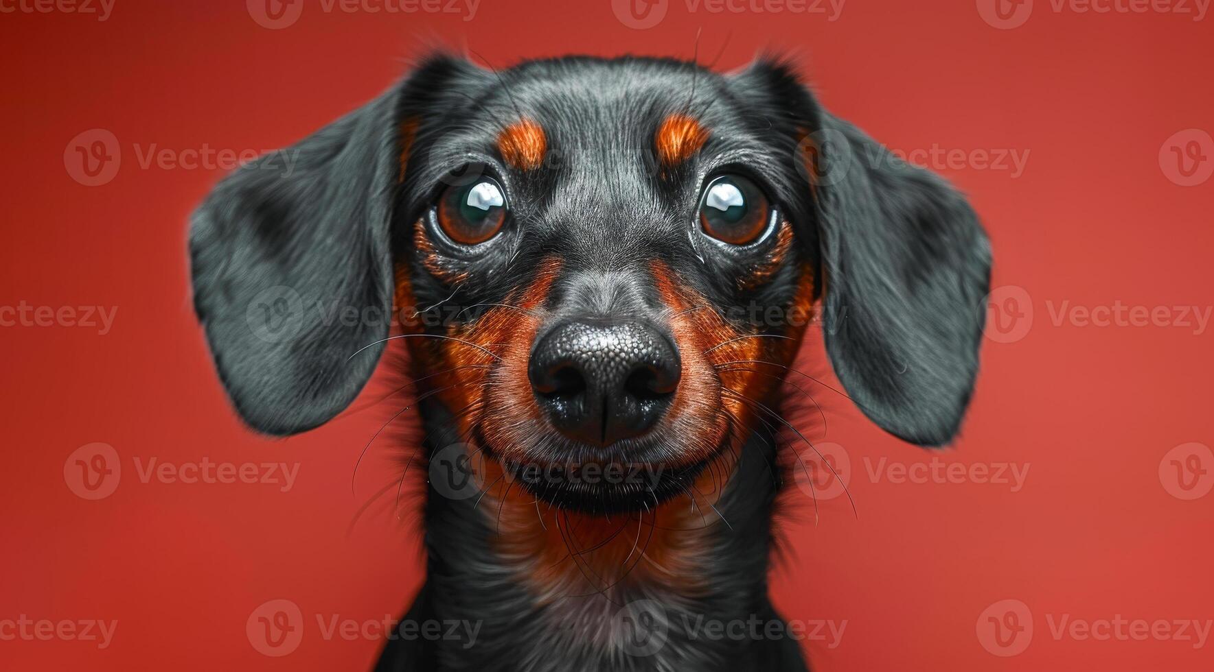 A black and brown dog with brown eyes is staring at the camera. The dog's ears are perked up and its nose is slightly raised. The dog appears to be curious or alert photo