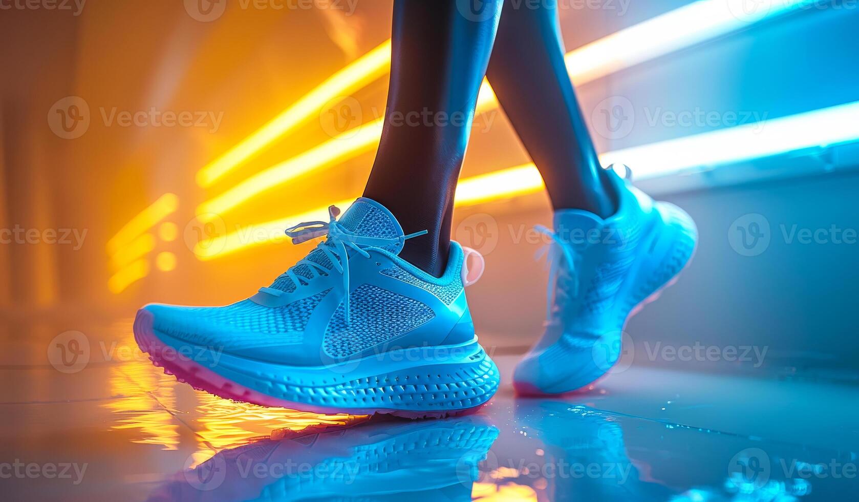 A person is wearing a Nike shoe and walking on a wet floor. The shoes are white and blue, and the person's legs are visible. The image has a bright and energetic feel photo