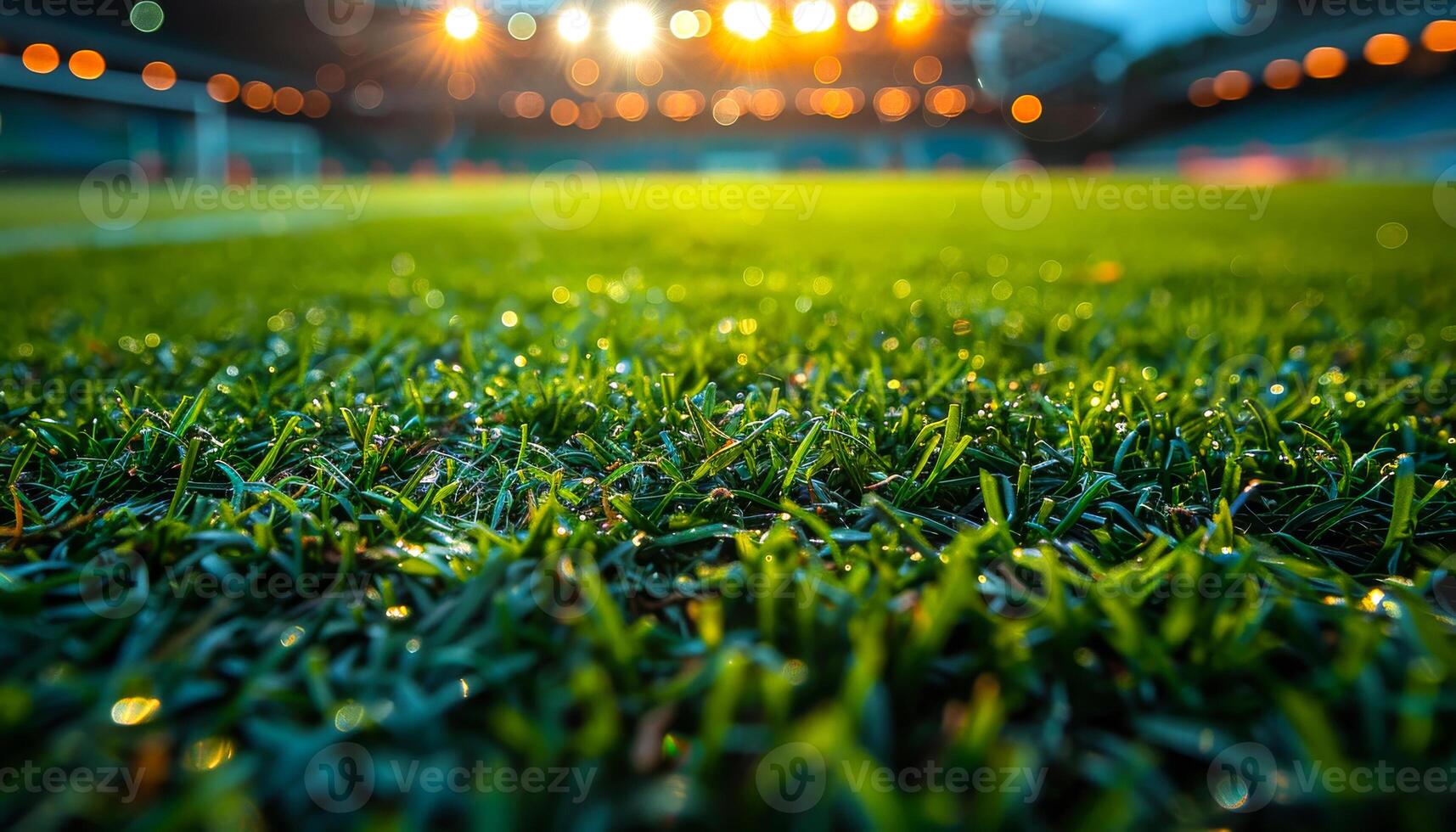 A field of green grass with a bright sun shining on it. The grass is wet and the sun is reflecting off of it photo
