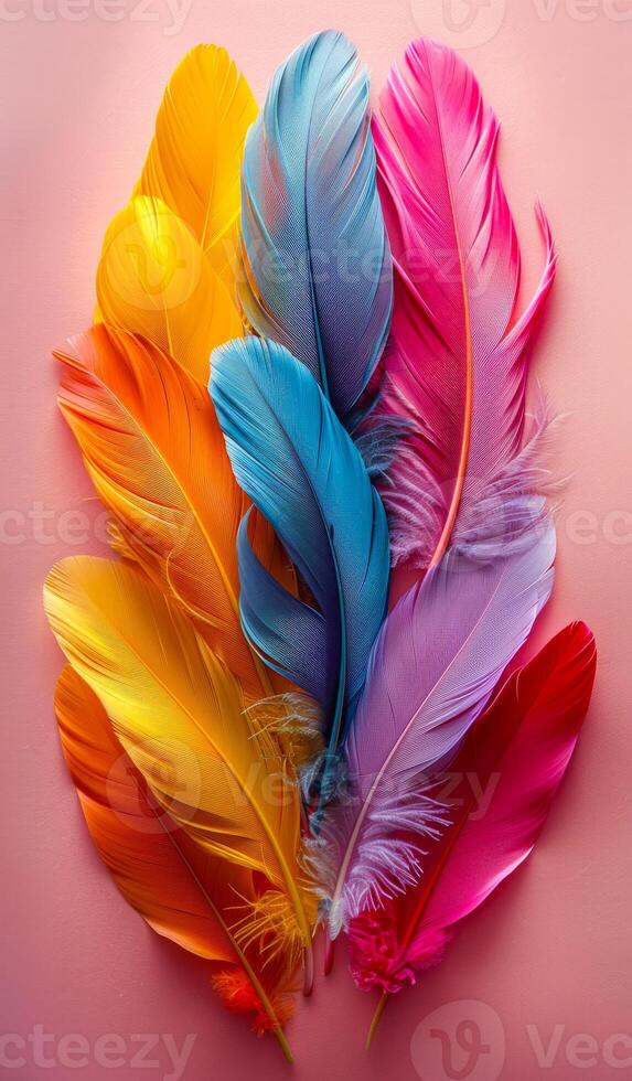 A colorful arrangement of feathers on a pink background. The feathers are of different colors and sizes, creating a vibrant and lively scene. Concept of freedom and natural beauty photo