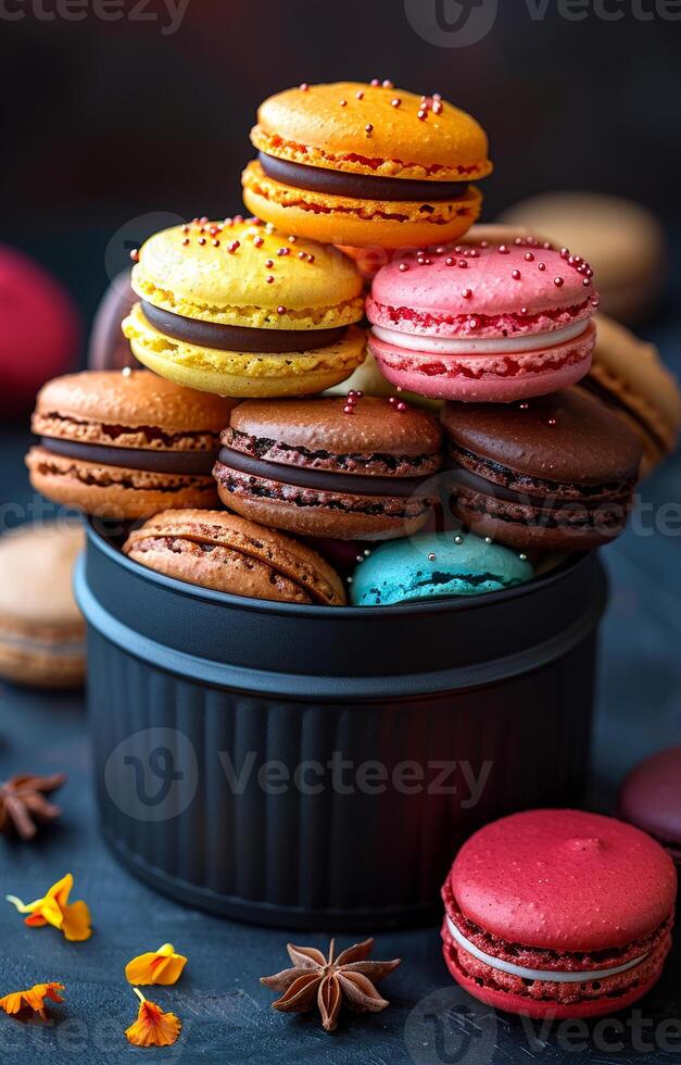 A black container filled with a variety of colorful macarons. The macarons are arranged in a pyramid shape, with the topmost one being the most colorful photo