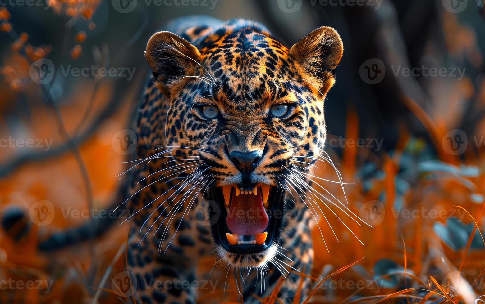 A leopard is shown in a forest with orange and brown colors. The leopard is standing on the ground and has its mouth open, showing its teeth. Concept of wildness and danger photo