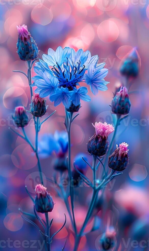 A beautiful blue flower with pink petals is the main focus of the image. The flower is surrounded by other flowers, creating a colorful and vibrant scene. Scene is cheerful and uplifting photo