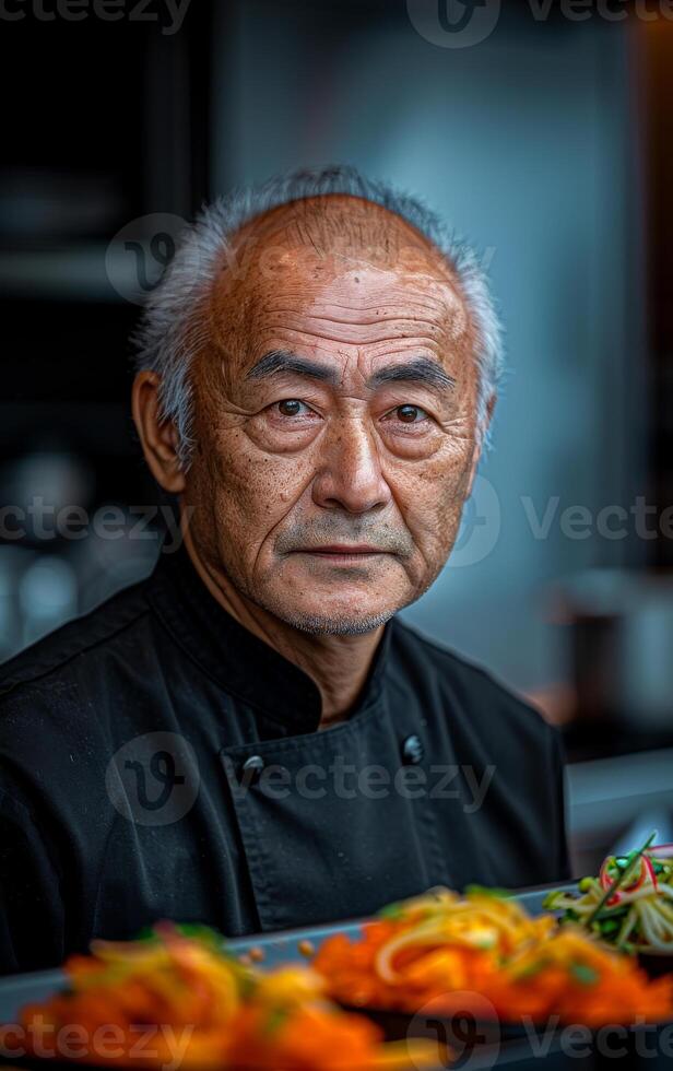 A man with a bald head and gray hair is standing in front of a plate of food. He is wearing a black chef's coat and he is a chef photo