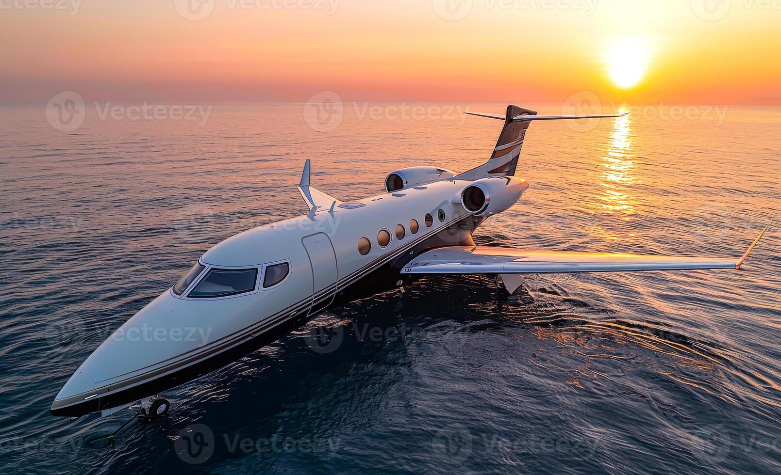 A large jet plane is flying over the ocean with the sun setting in the background. The plane is white and black with a red stripe photo