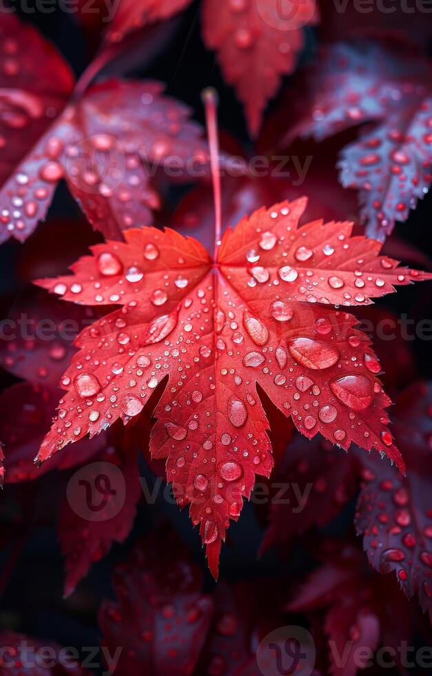 A leaf with raindrops on it. The leaf is red and the raindrops are small. The image has a mood of calmness and serenity photo