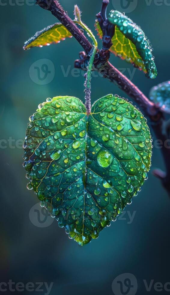 A leaf with water droplets on it. The leaf is green and the water droplets are clear photo