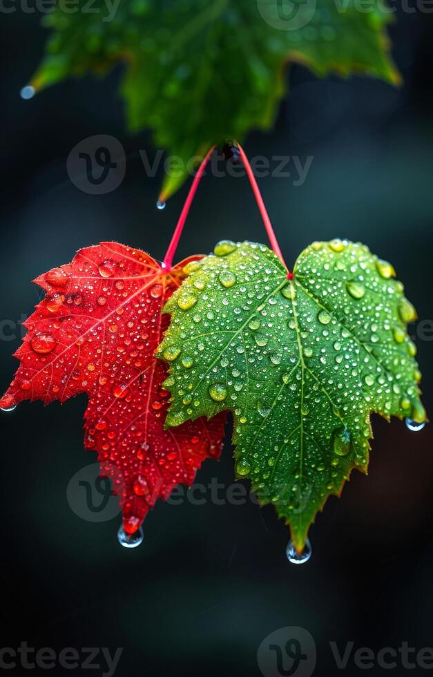 Two leaves with water droplets on them, one red and one green. The red leaf is on the left and the green leaf is on the right photo