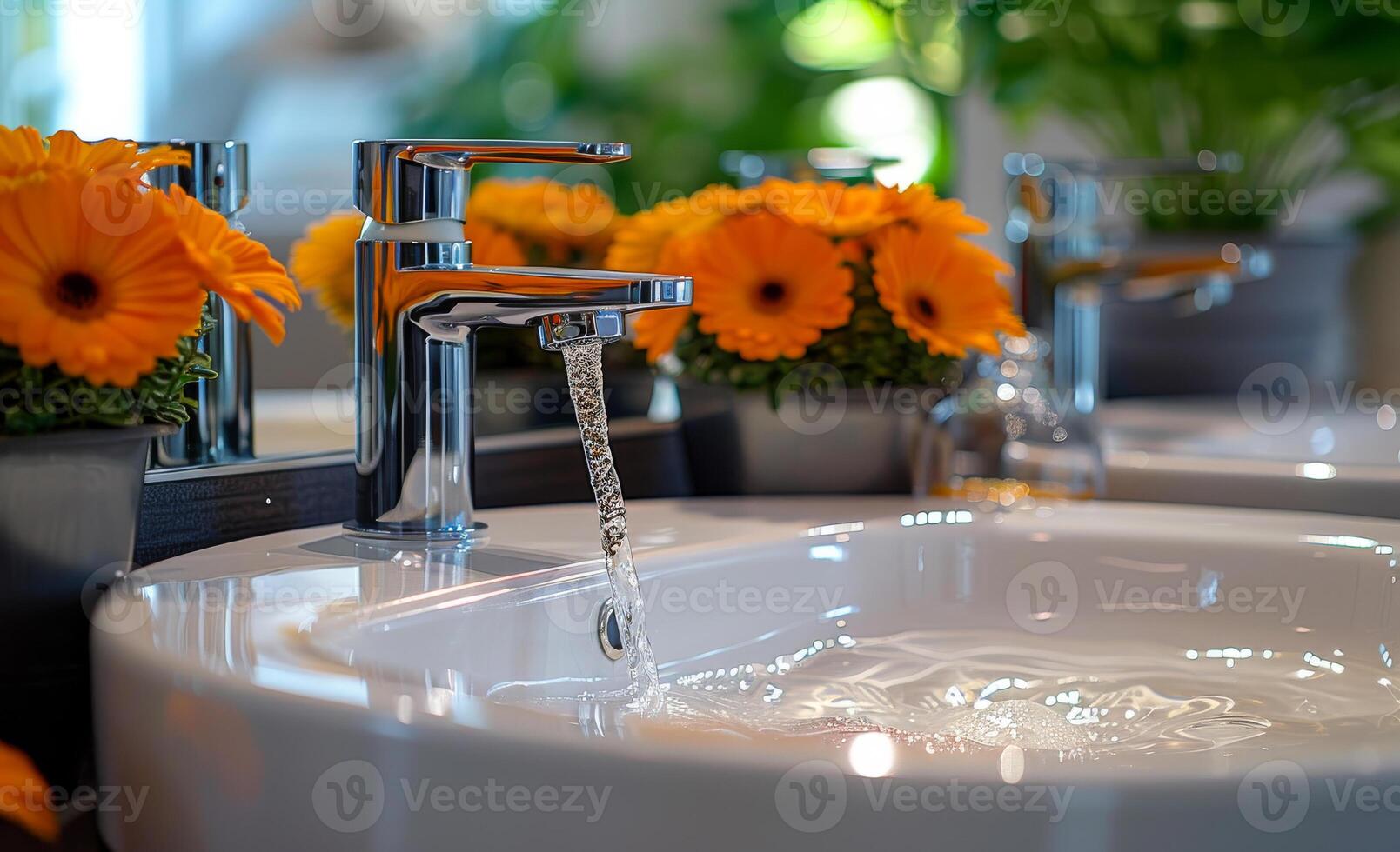 A sink with a faucet and a flower vase with orange flowers. The water is running from the faucet photo