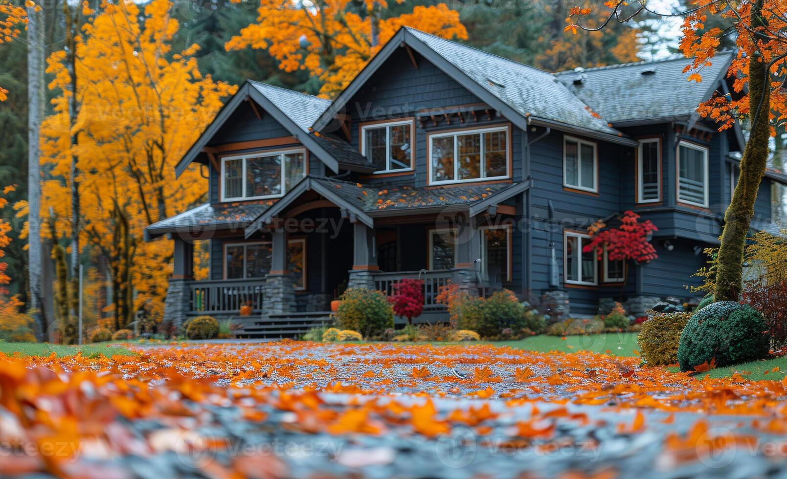 A large house with a porch and a driveway covered in autumn leaves. The house is surrounded by trees and has a beautiful view of the fall foliage photo