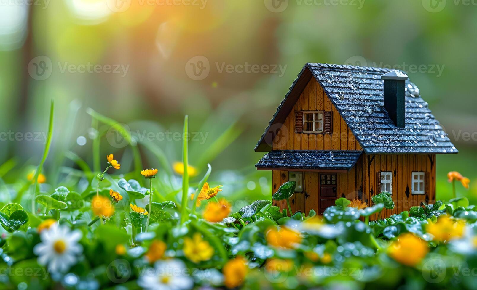 A small house is sitting in a field of flowers. The house is surrounded by tall grass and the flowers are yellow. The scene is peaceful and serene photo
