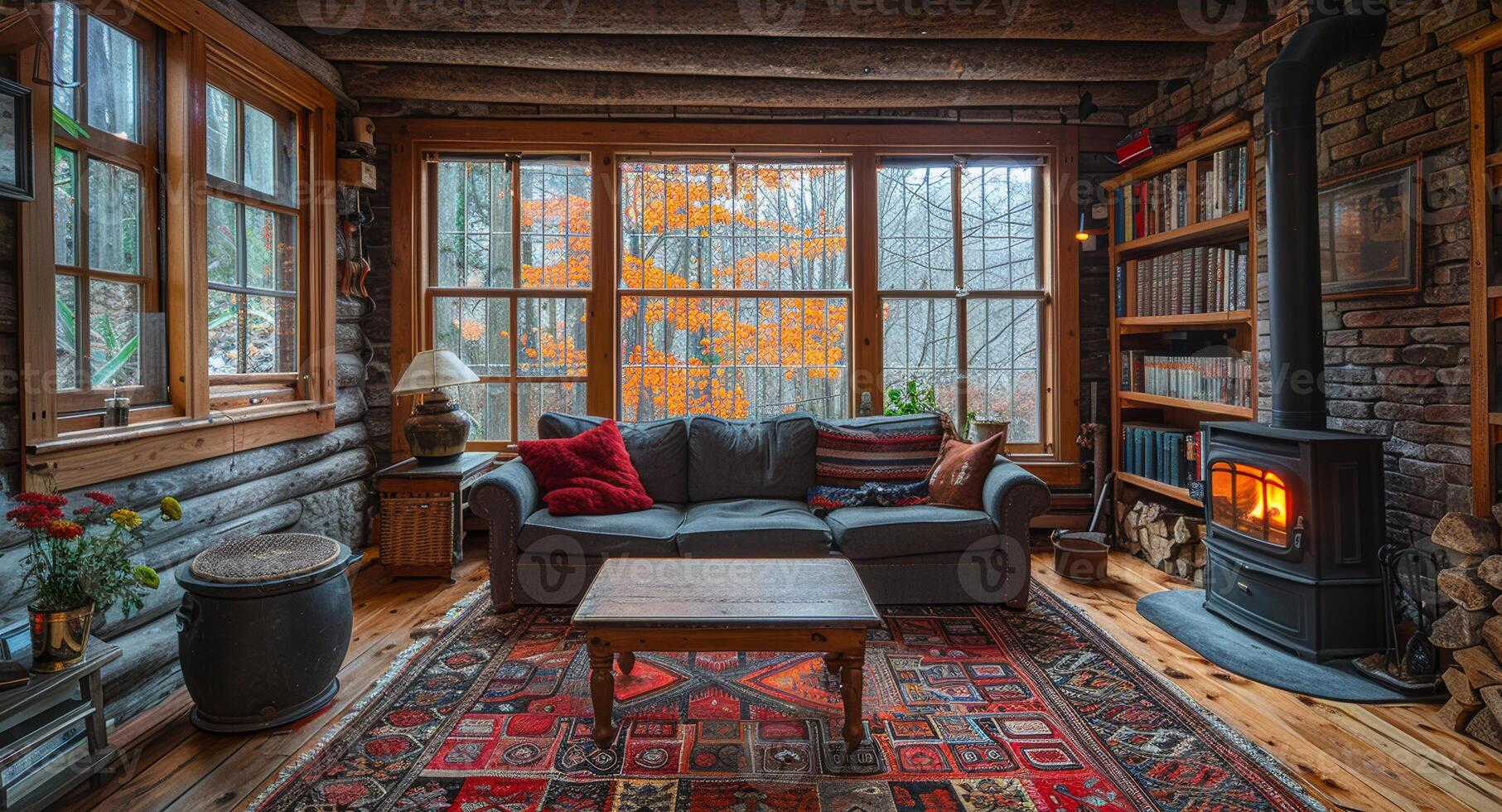 A cozy living room with a fireplace and a bookshelf. The room is filled with comfortable furniture, including a couch, a coffee table, and a rug. There are also several books on the bookshelf photo