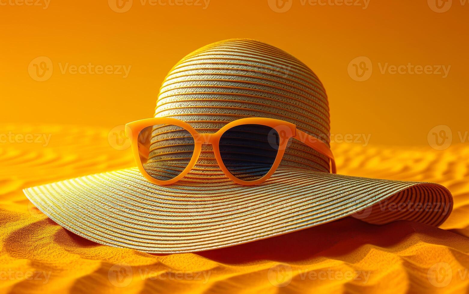 A yellow straw hat with sunglasses on top of it. The hat is placed on a sandy surface photo