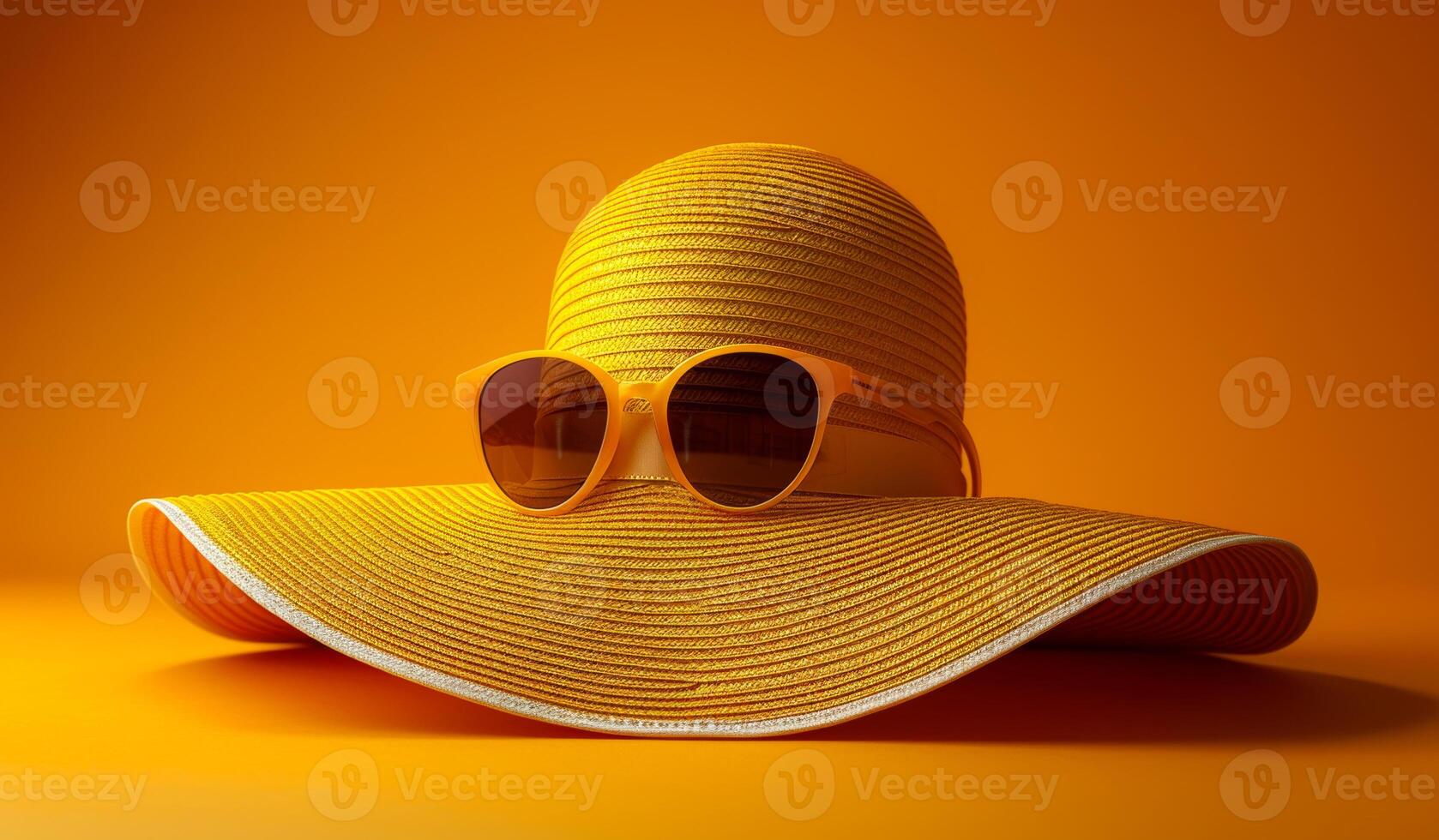A yellow straw hat with sunglasses on top of it. The hat is sitting on a yellow background photo