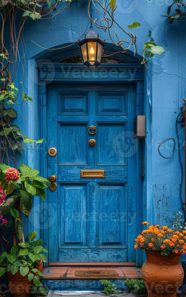 A blue door with a brass knob and a brass plate on the door. The door is open and there are potted plants on the porch photo