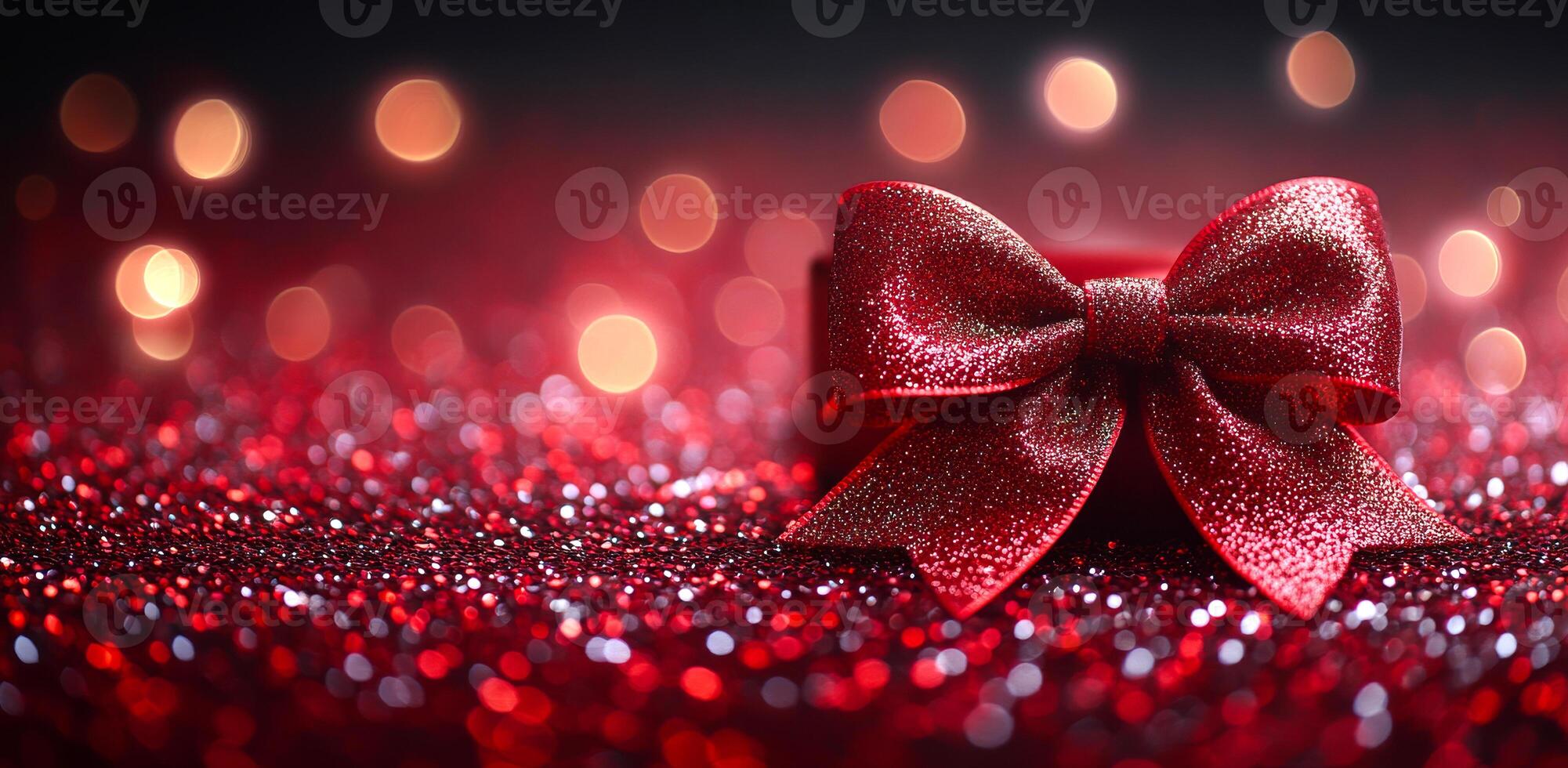 A red bow is on a red background. The bow is surrounded by glitter and the background is blurry. The image has a festive and celebratory mood photo