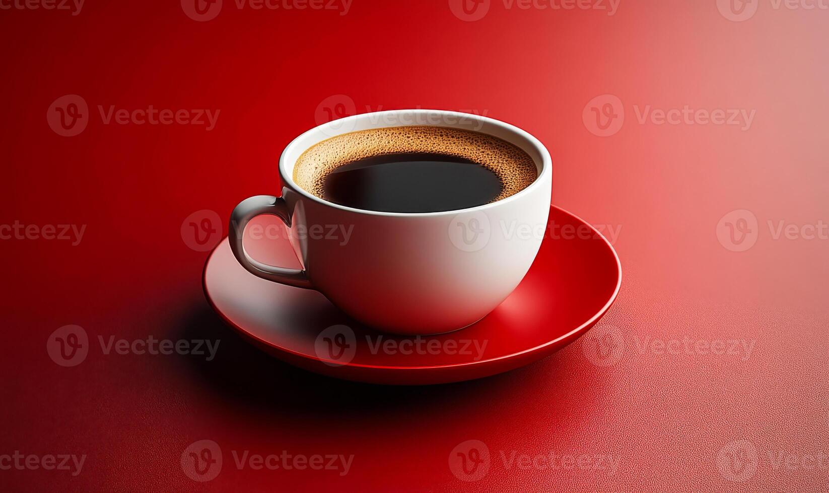 A white coffee cup with a red saucer sits on a red background. The coffee is dark and the cup is almost empty photo