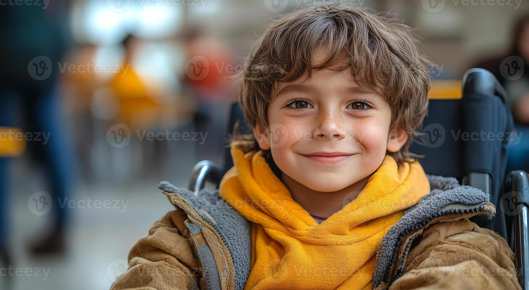A young boy with a wheelchair is smiling. He is wearing a yellow jacket and a scarf. The scene is set in a public area, possibly a school or a restaurant photo