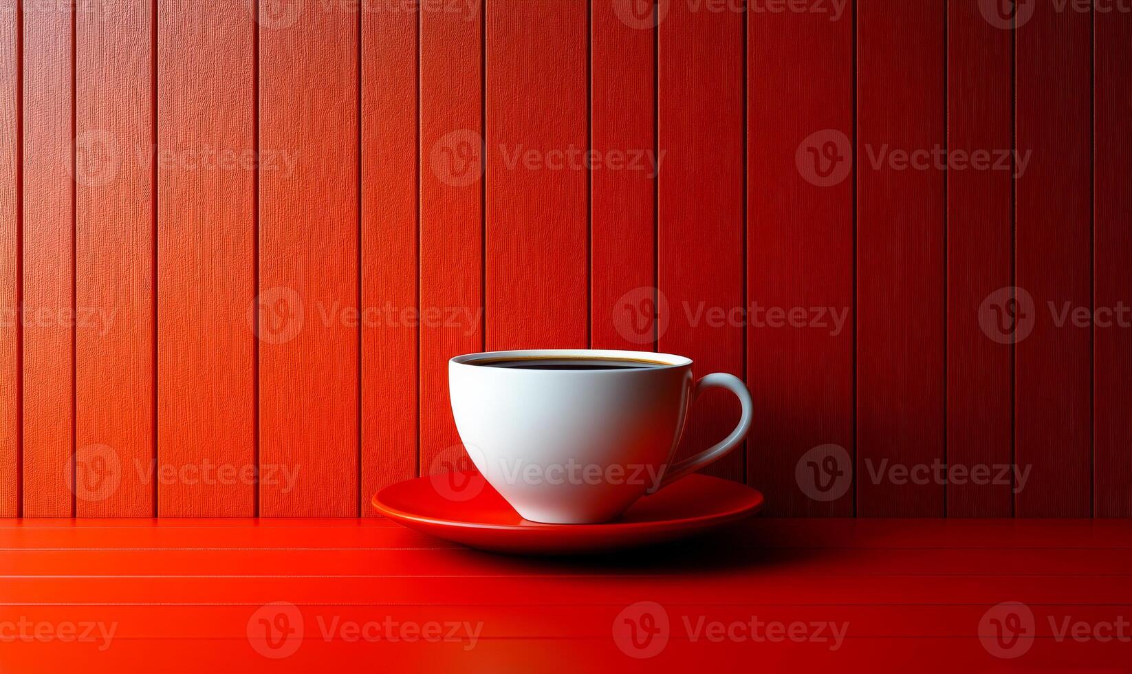 A white coffee cup sits on a red plate on a wooden table. The red background and the white cup create a contrast that makes the cup stand out. Concept of warmth and comfort photo