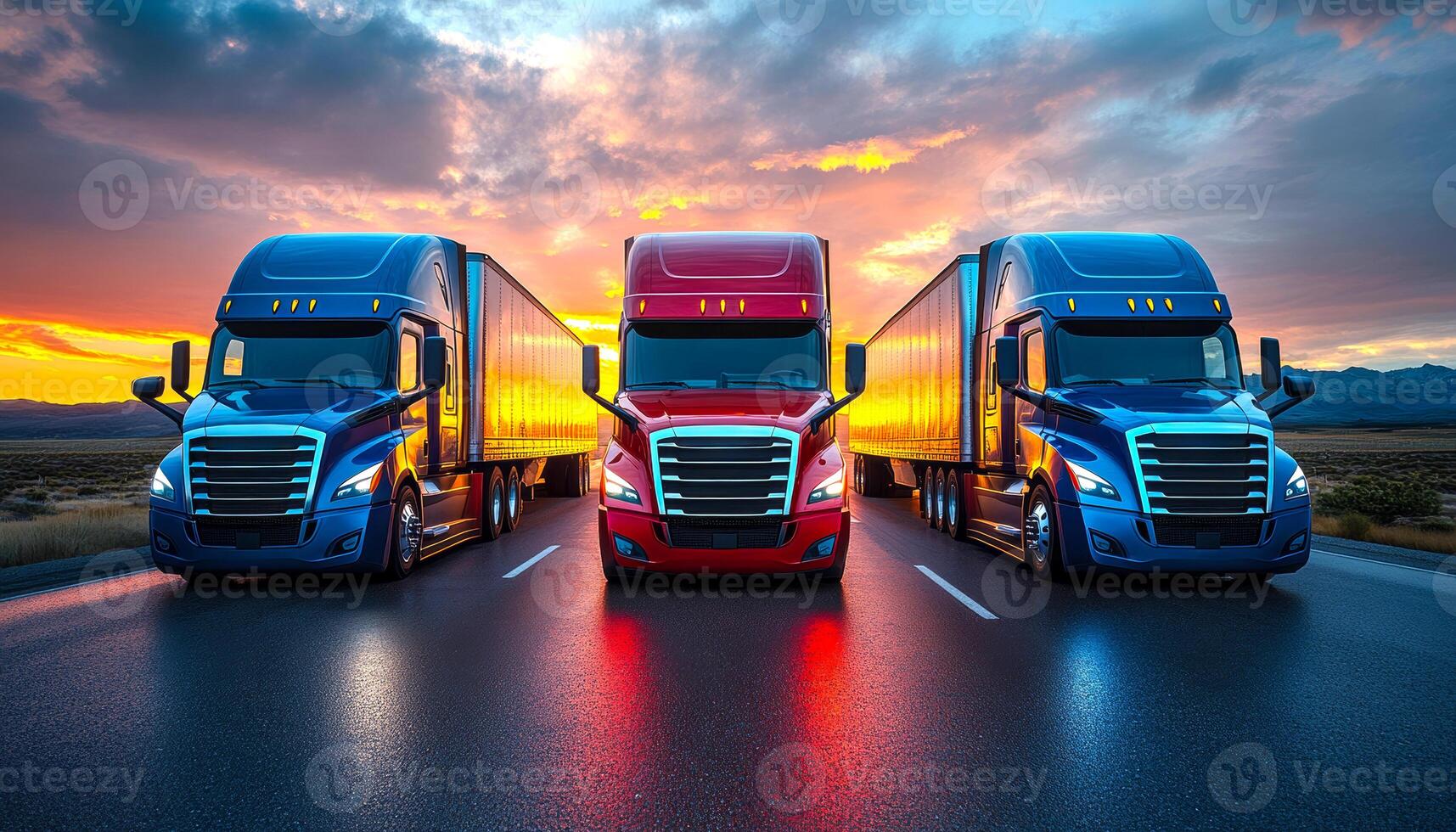 Three semi trucks are lined up on a road, with the middle one being red. The sky is orange and the sun is setting photo