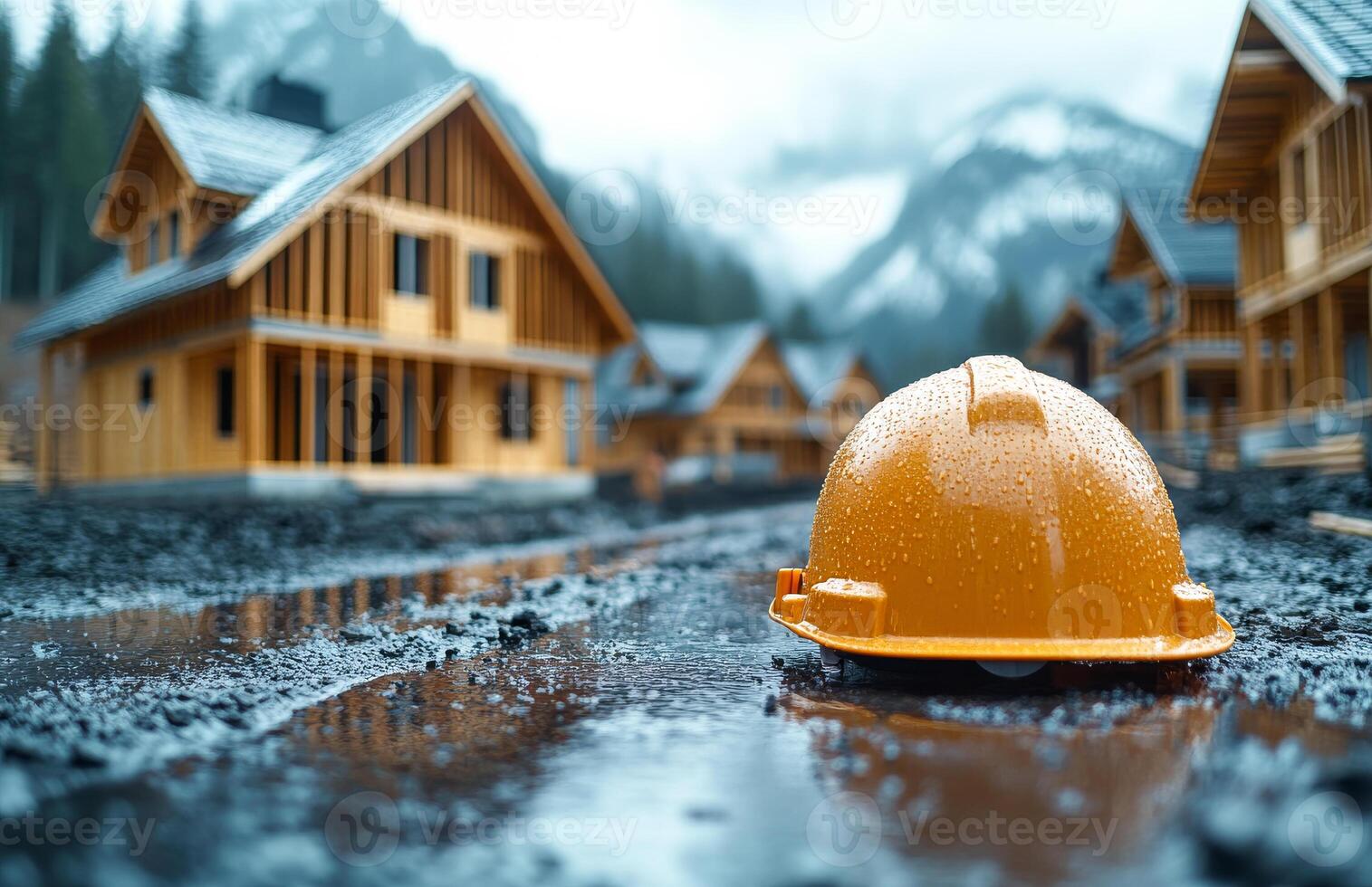 A construction worker's hard hat is sitting on the ground in front of a house. Concept of hard work and dedication to the construction project photo