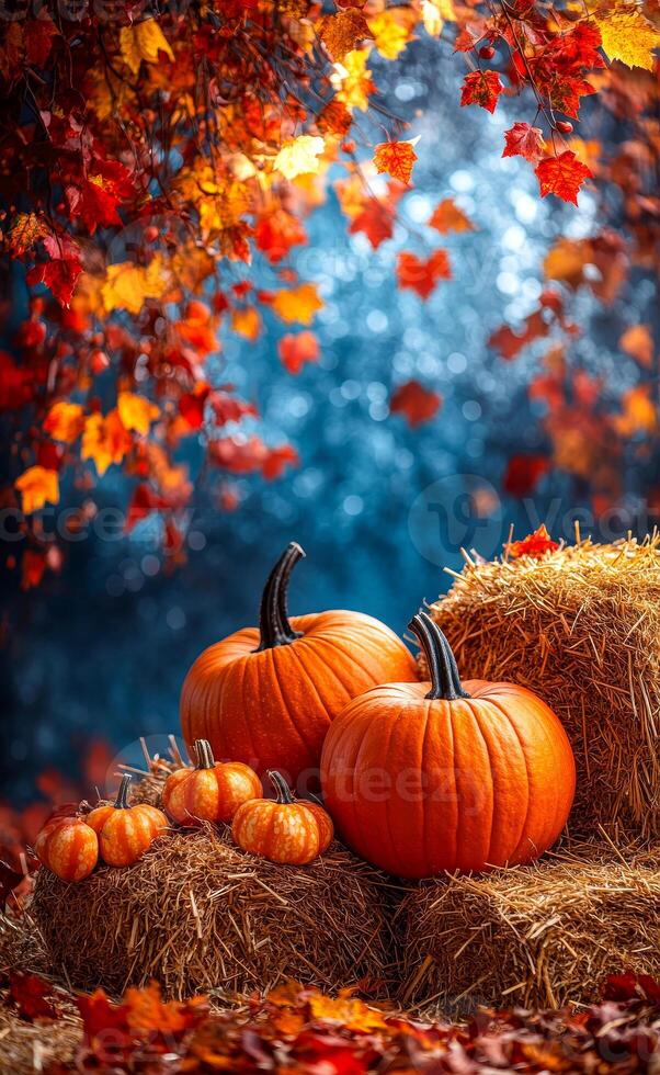 A few pumpkins are sitting on a hay bale in front of a tree with leaves. Scene is warm and cozy, with the pumpkins and hay bale evoking a sense of autumn and harvest photo