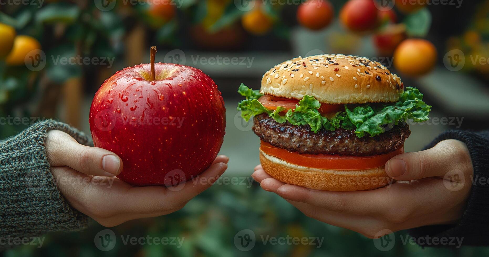 Two people holding a burger and an apple. The burger is on the right and the apple is on the left photo