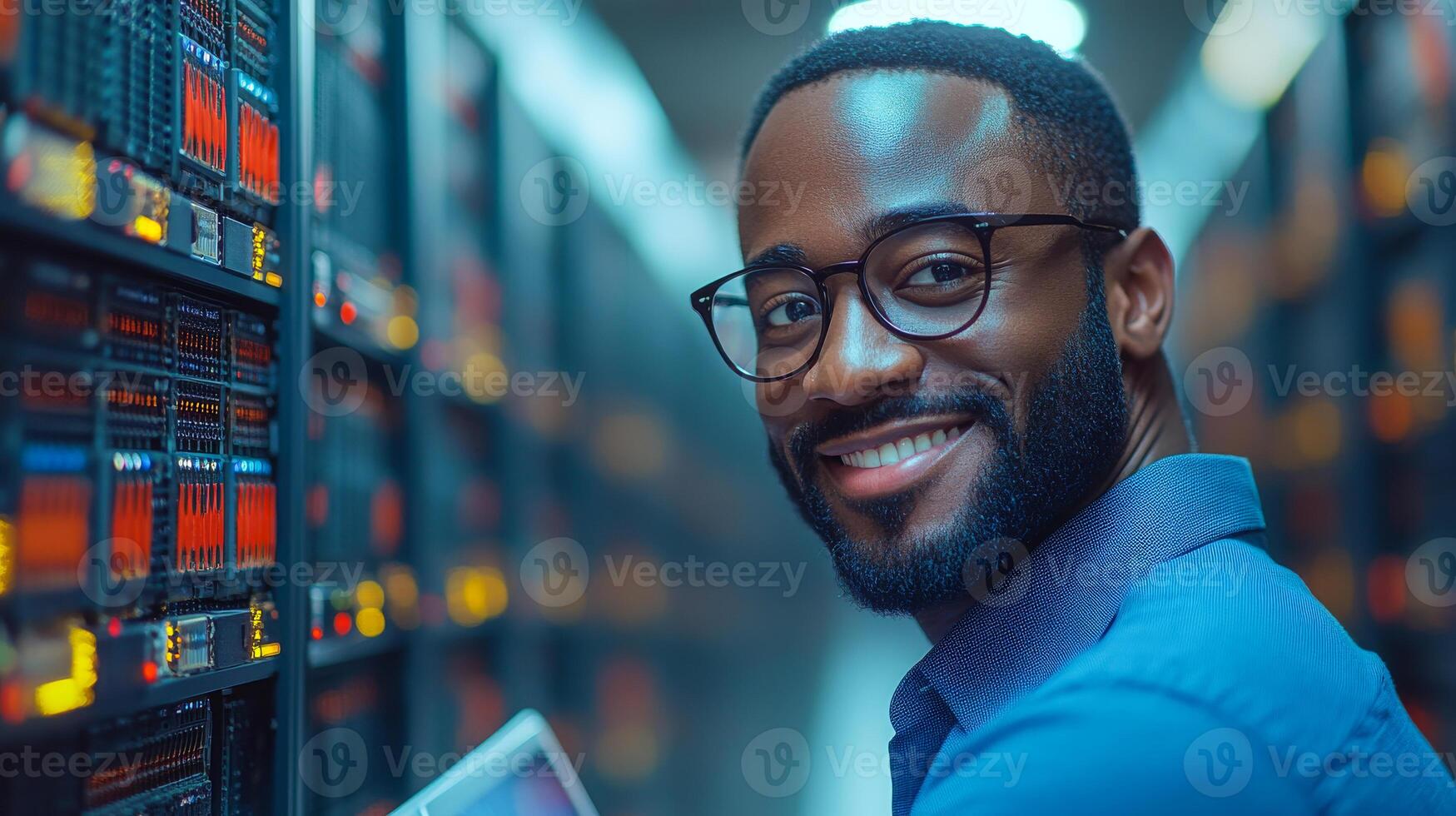 A man with glasses is smiling and holding a tablet. Concept of happiness and positivity photo