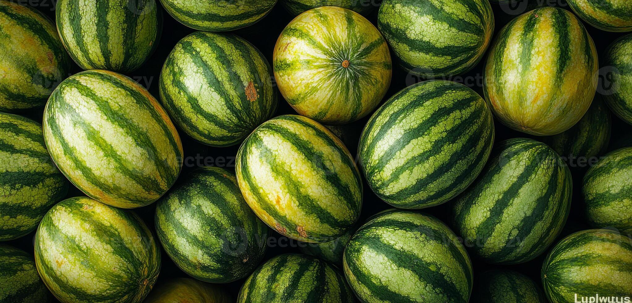 A bunch of green watermelons. They are piled on top of each other photo