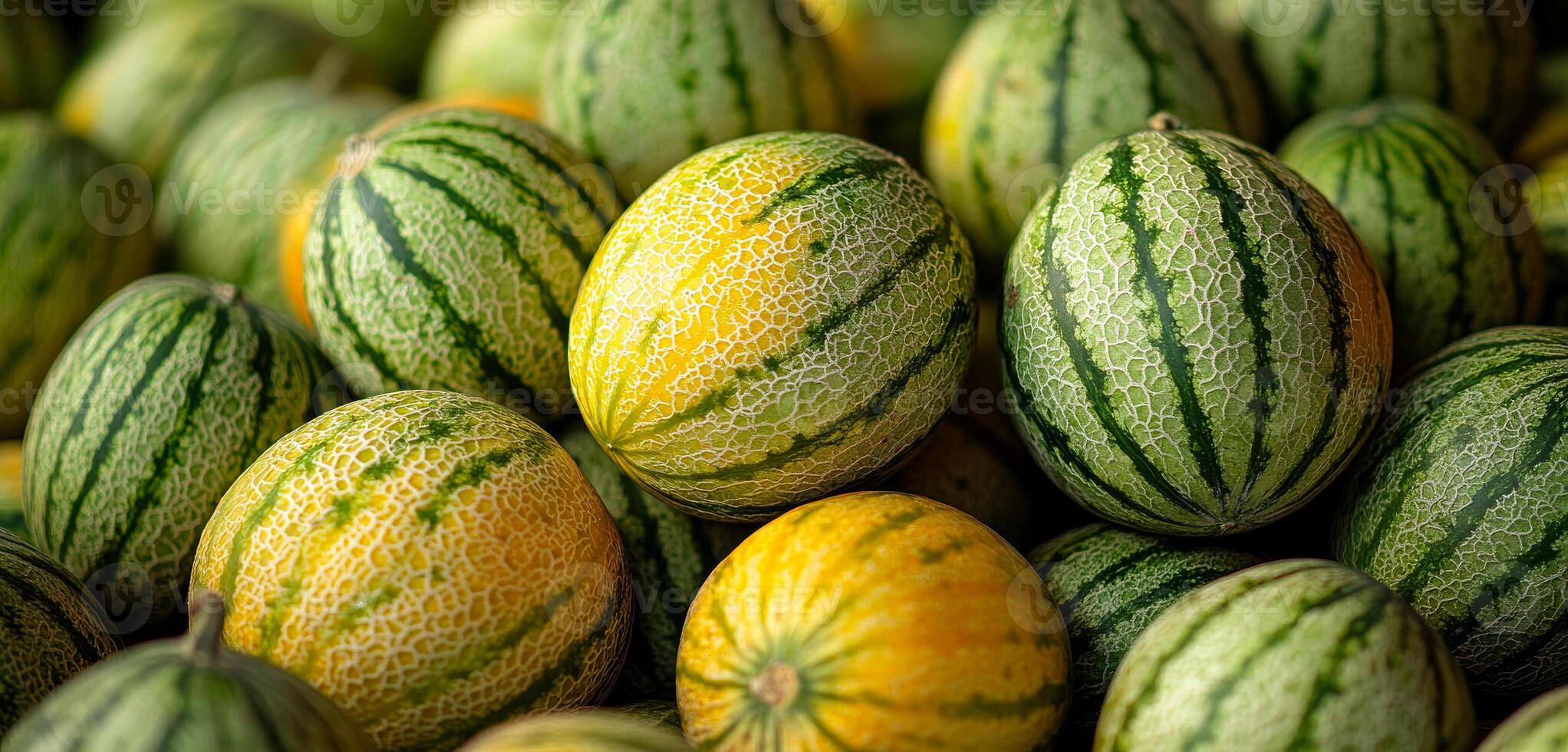 A bunch of watermelons are piled on top of each other. The watermelons are green and yellow photo