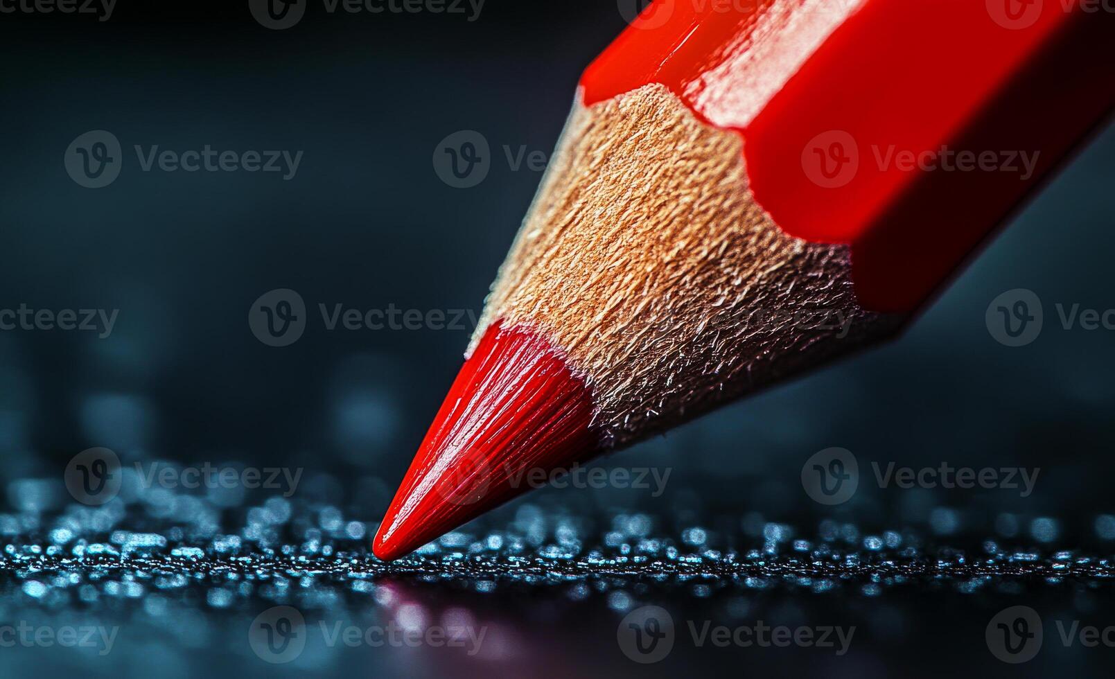 A red pencil with a sharp point is on a black surface. The pencil is almost completely red, with only a small portion of it showing. Concept of focus and precision photo