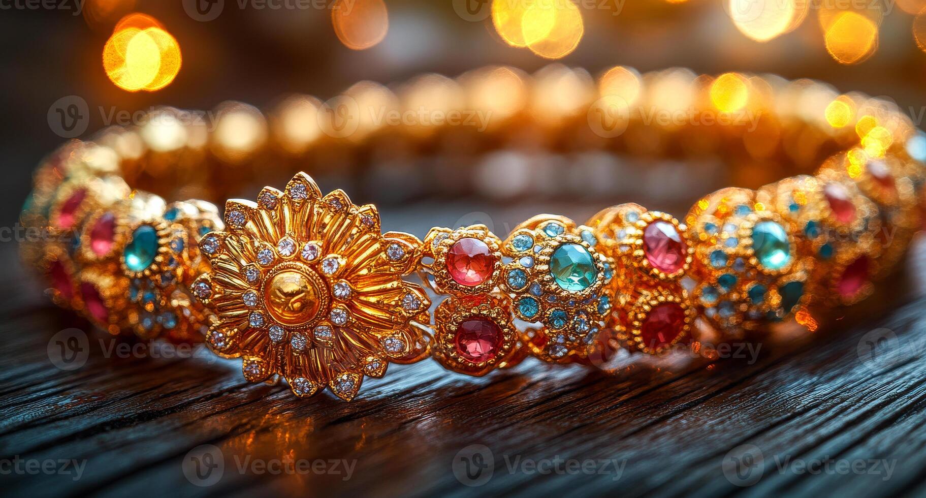 A gold and blue and red and green bracelet with a flower design. The bracelet is on a wooden surface photo