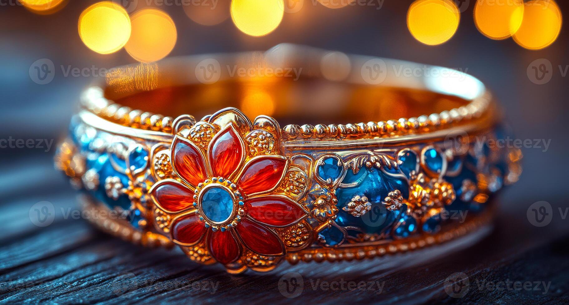 A gold and blue bracelet with a flower design. The bracelet is adorned with blue and red beads photo