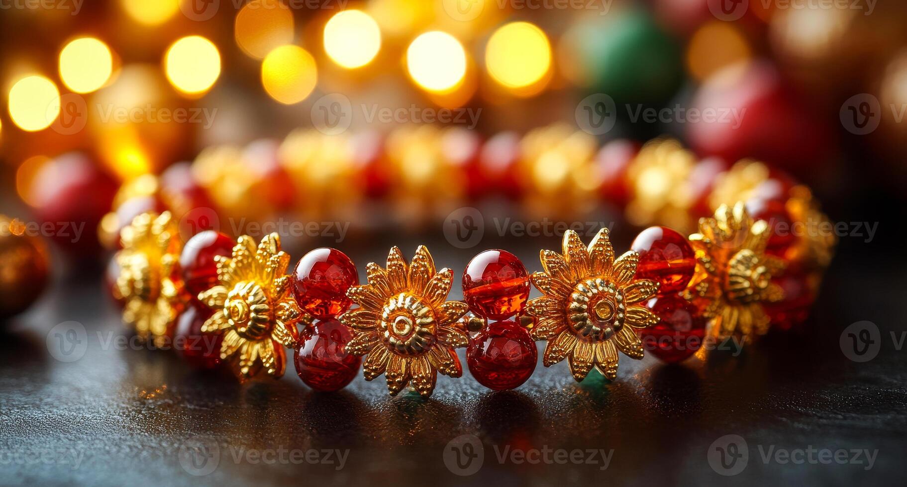 A gold and red flowery bracelet with beads. The bracelet is on a dark surface. The bracelet is very pretty and shiny. Happy Raksha Bandhan nice creative wallpaper background photo