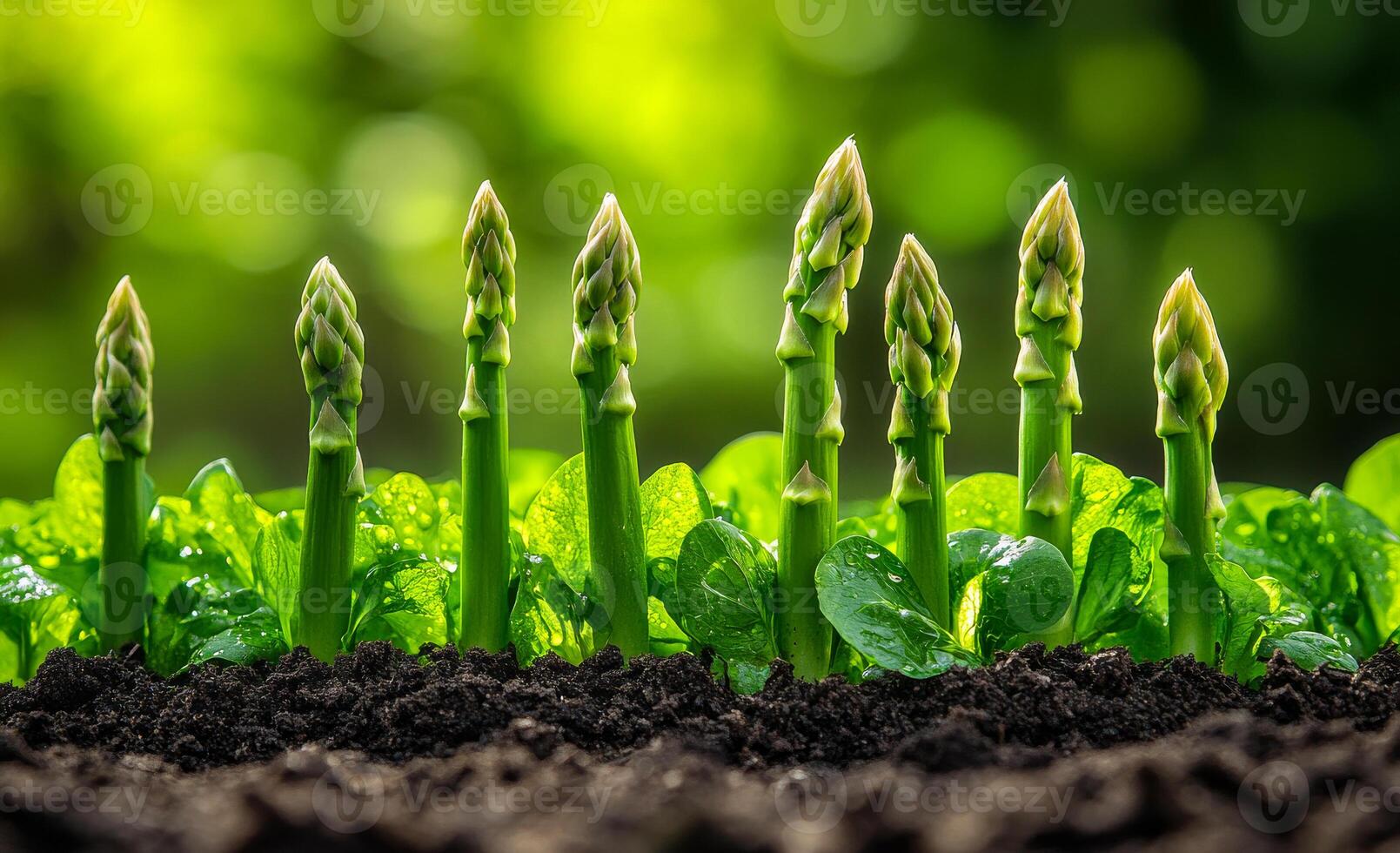 A bunch of asparagus plants are growing in the dirt. The plants are green and are arranged in a row photo